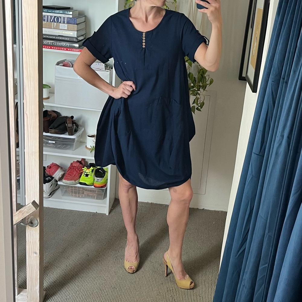 Artsy Loose Linen Dress with Buttons, Ruching, and Pockets